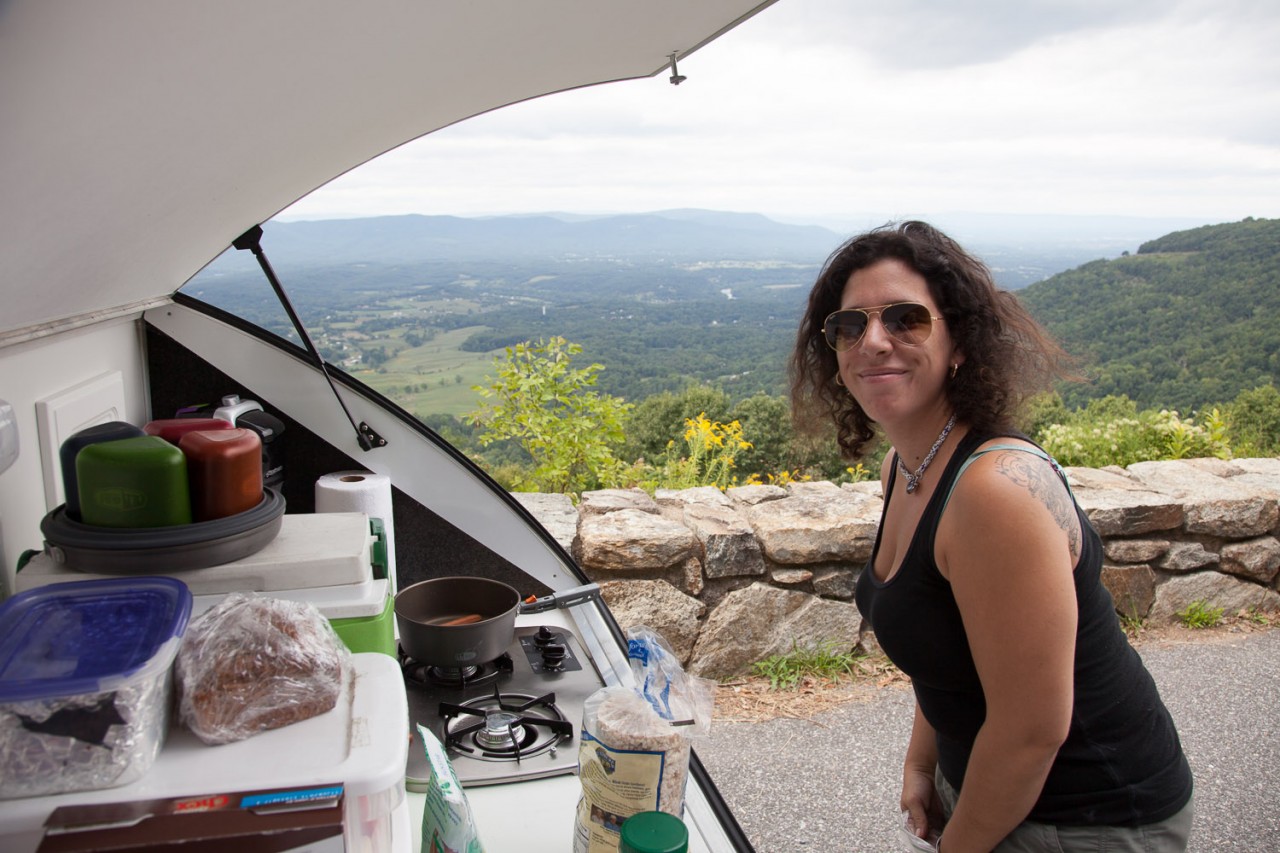Sarah cooking at an overlook